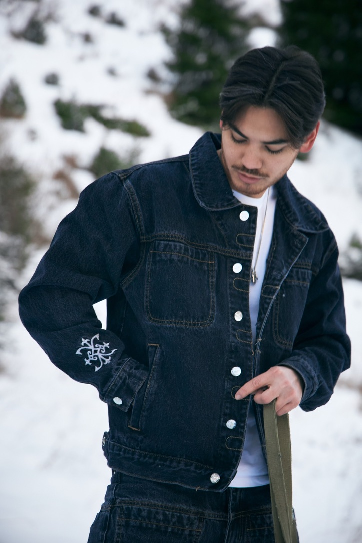 KESH denim jacket detail with embroidered sleeve